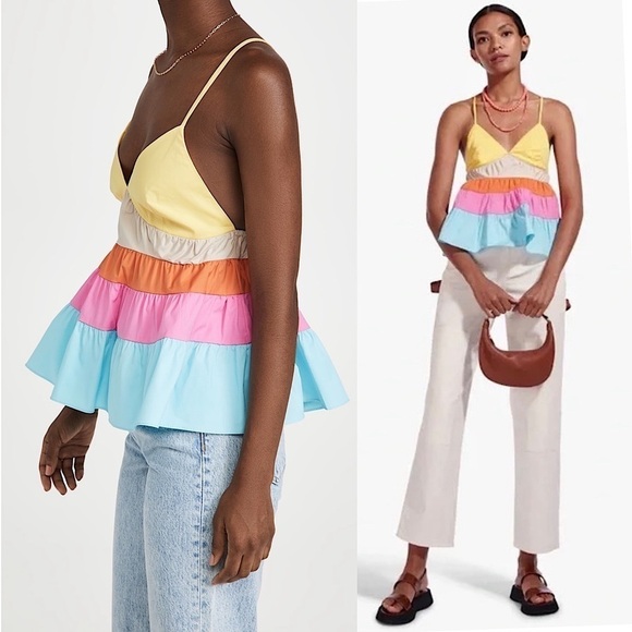 STAUD Colorblock Rainbow Stripe Sleeveless V-Neck Tiered Ruffle Babydoll Top S - Picture 4 of 13